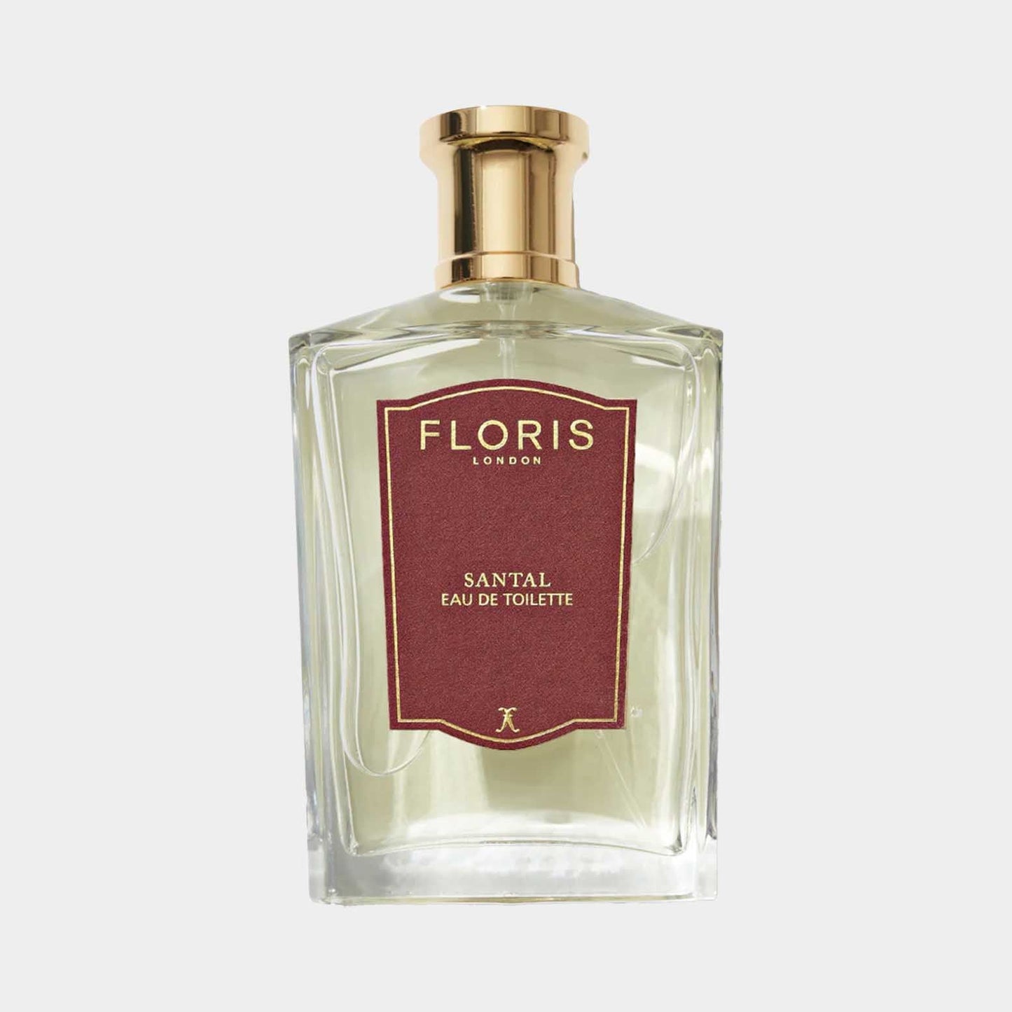 Een flesje Floris London Santal Sample parfum, met een elegante glazen verpakking en een gouden dop. Het etiket benadrukt de naam en het type; Eau de Toilette.