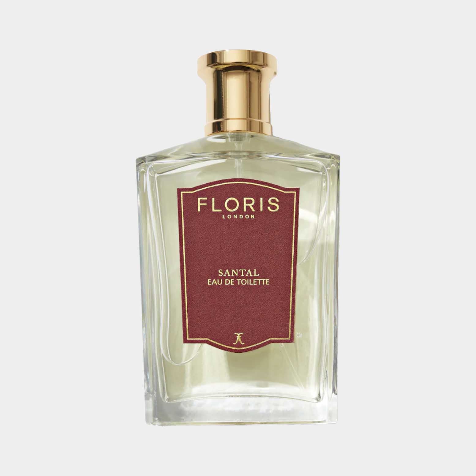Een flesje Floris London Santal Sample parfum, met een elegante glazen verpakking en een gouden dop. Het etiket benadrukt de naam en het type; Eau de Toilette.