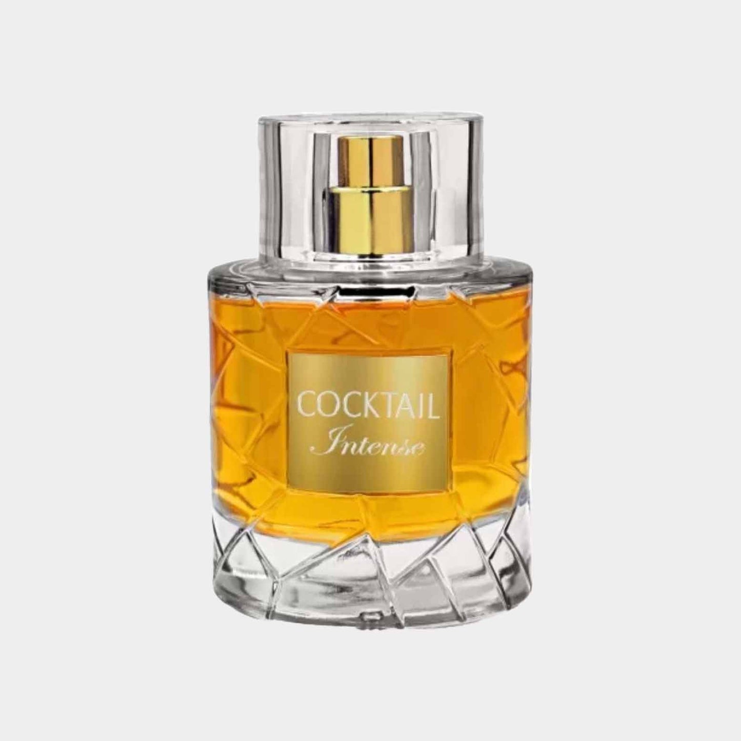 Fragrance World Cocktail Intense Sample in a stylish, faceted glass bottle with a golden label, showcasing an elegant fragrance.