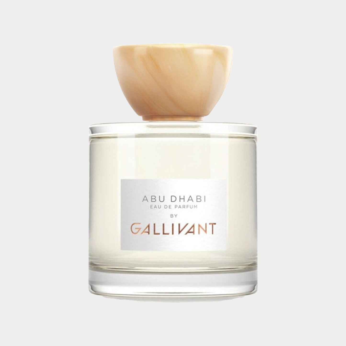 Gallivant Abu Dhabi Sample, een elegant flacon met een houten dop. Deze eau de parfum vangt de essentie van luxe en avontuur.