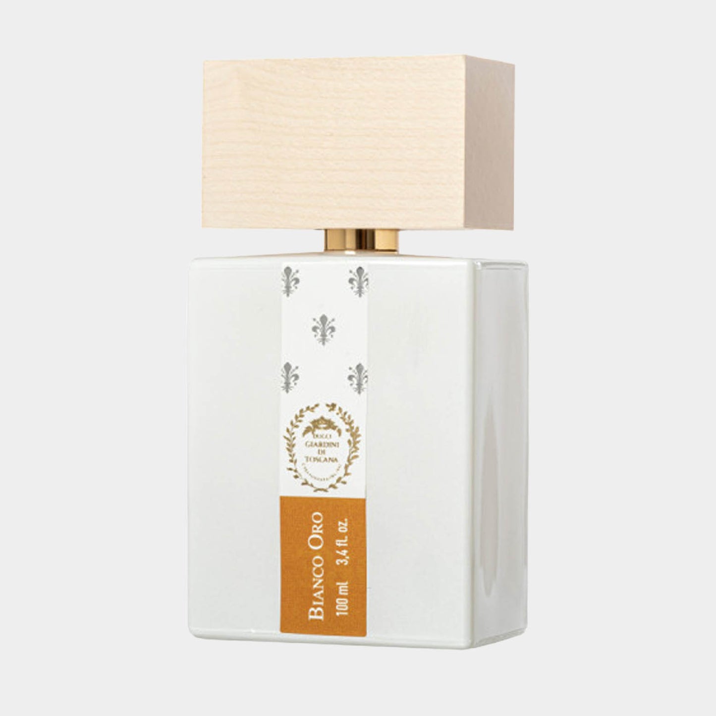 Giardini di Toscana Bianco Oro Sample, een elegante parfumfles met een strakke witte vormgeving en een houten dop, bevat 10 ml essentiële geur.