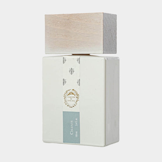 Giardini di Toscana Celeste Sample, een elegant geurmonster met een zuivere witte verpakking en een houten dop.