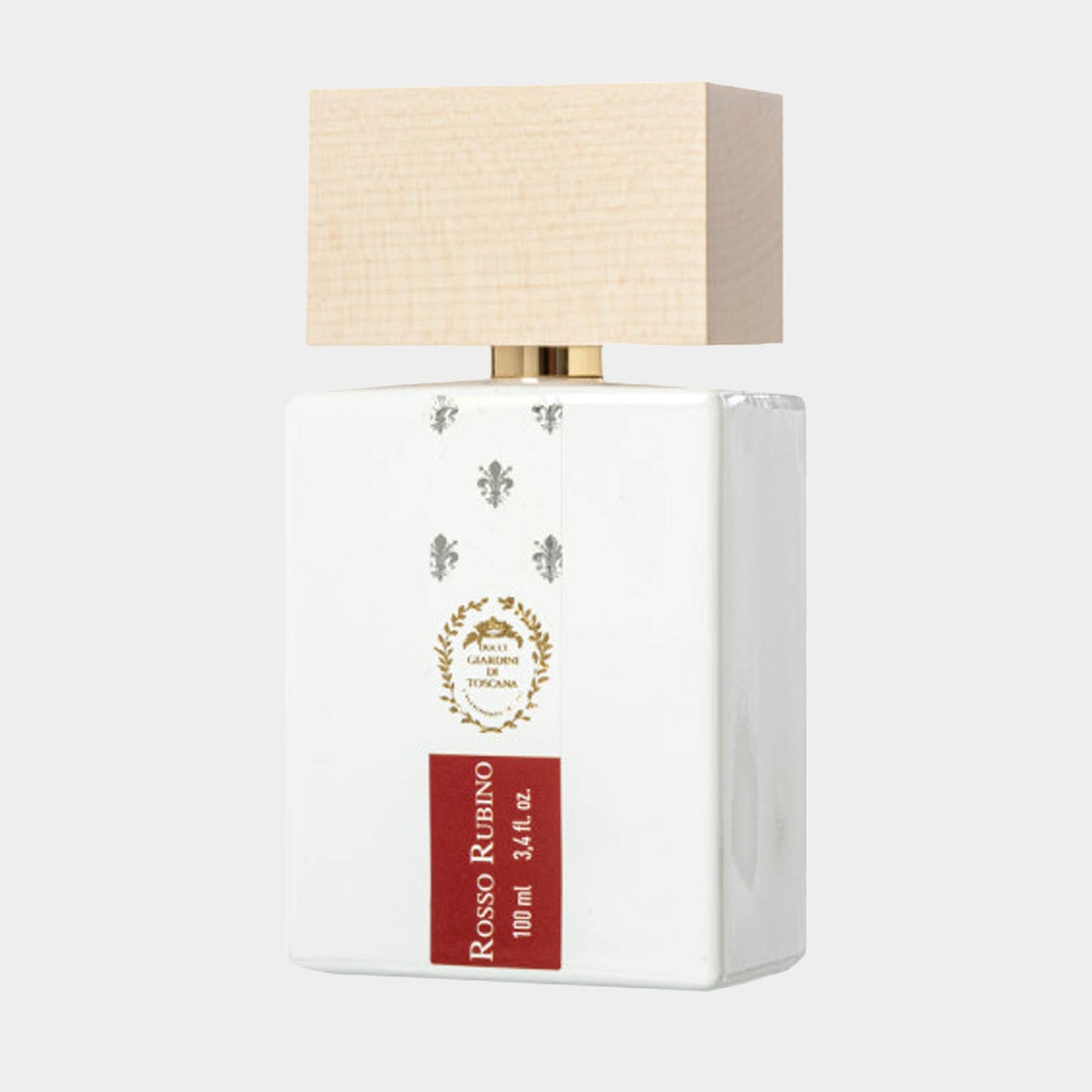 Giardini di Toscana Rosso Rubino Full bottle - een elegante, witte parfumfles met een houten dop, inhoud 100 ml.