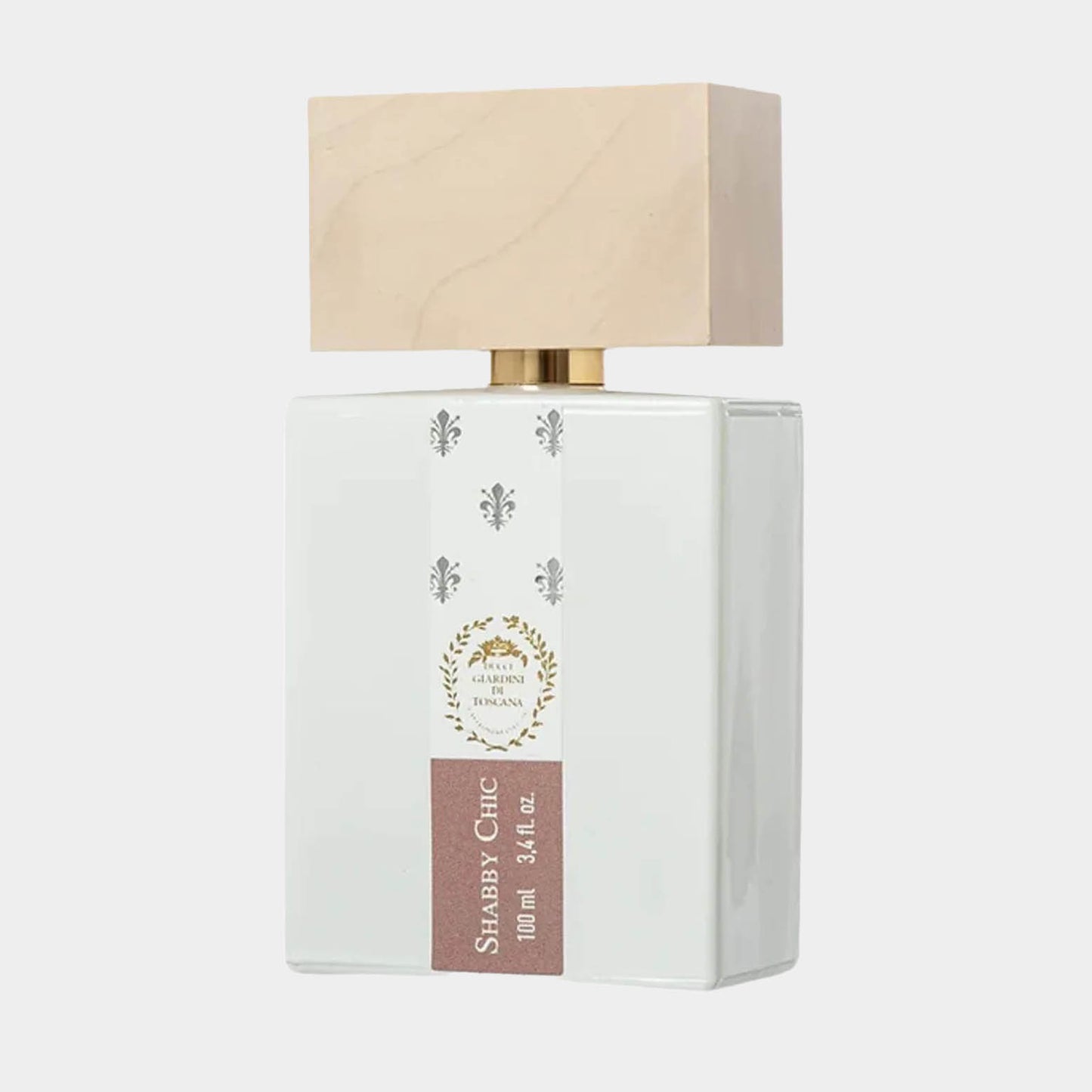 Giardini di Toscana Shabby Chic vol flacon met een elegante, witte verpakking en een houten dop, perfect voor een verfijnde geurbeleving.