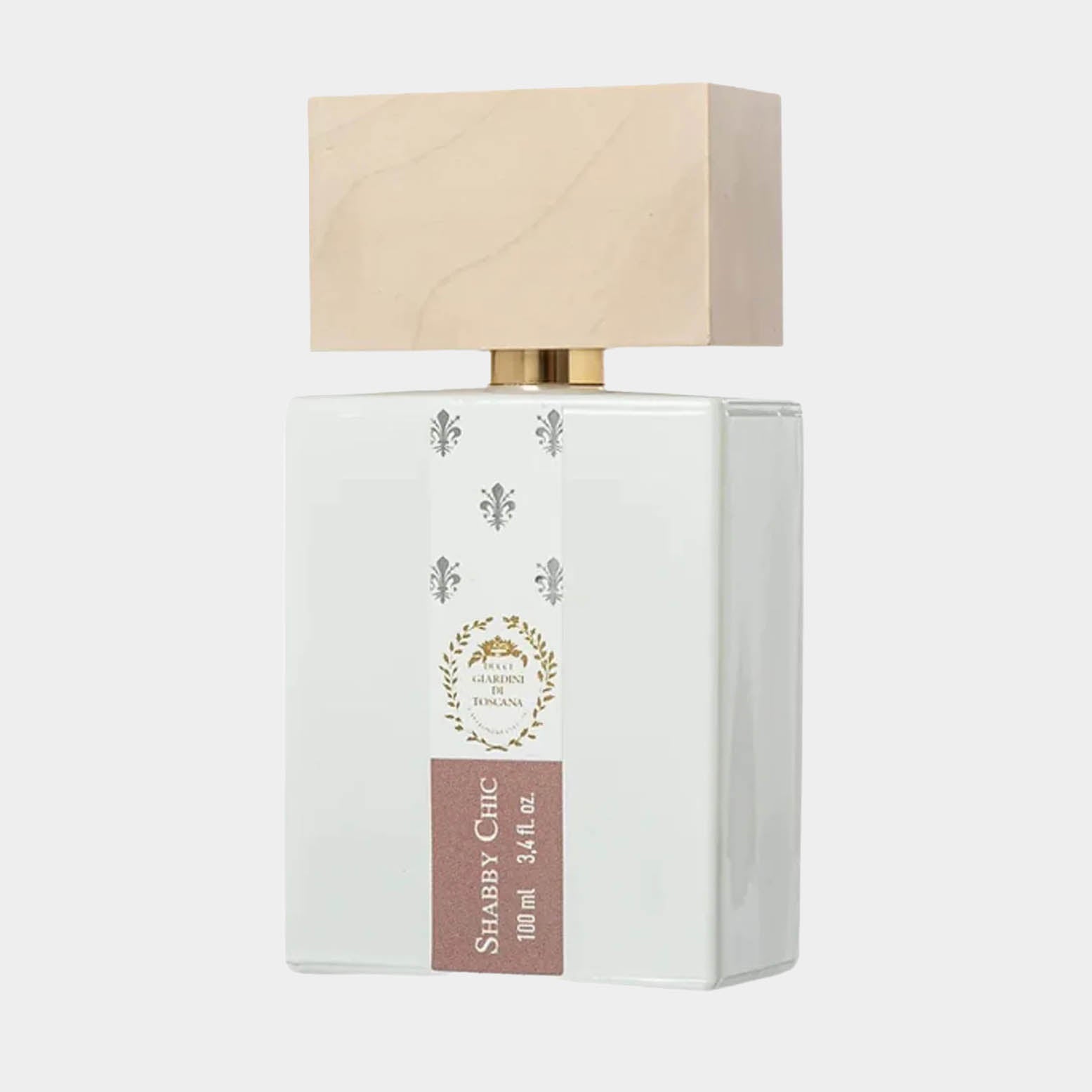 Giardini di Toscana Shabby Chic vol flacon met een elegante, witte verpakking en een houten dop, perfect voor een verfijnde geurbeleving.