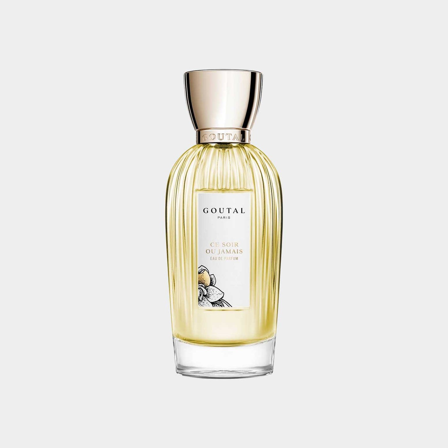 Goutal Ce Soir Ou Jamais sample, een elegant parfum in een iconische flacon met een gouden dop en een lichte gele vloeistof.
