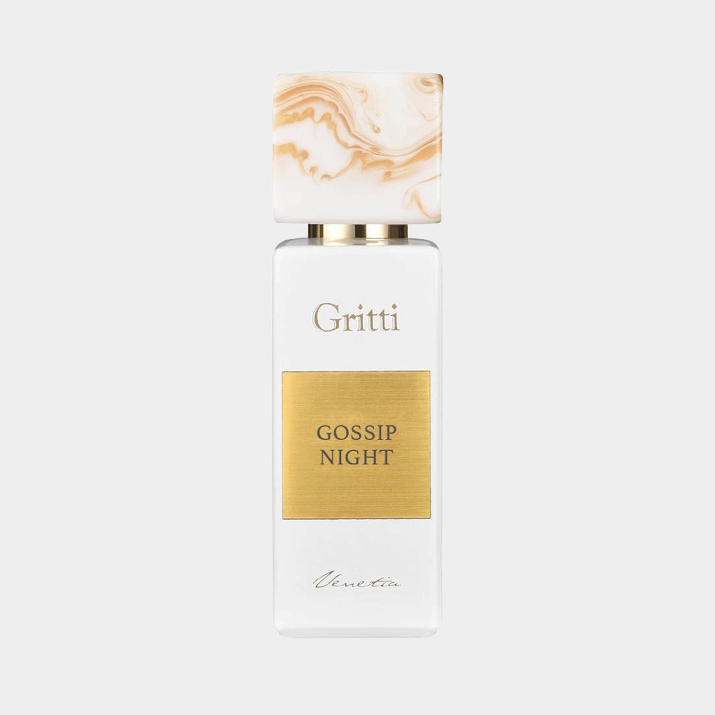 Gritti Gossip Night EDP Sample in een stijlvolle fles met marmeren dop en een gouden label, perfect voor een luxe parfumervaring.