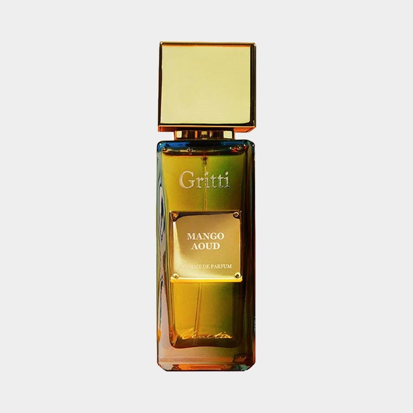 Gritti Mango Aoud EXDP Sample is a luxurious parfum in an elegant bottle, featuring a golden cap and an amber-hued design. Perfect for those seeking a unique blend of mango and oud scents.