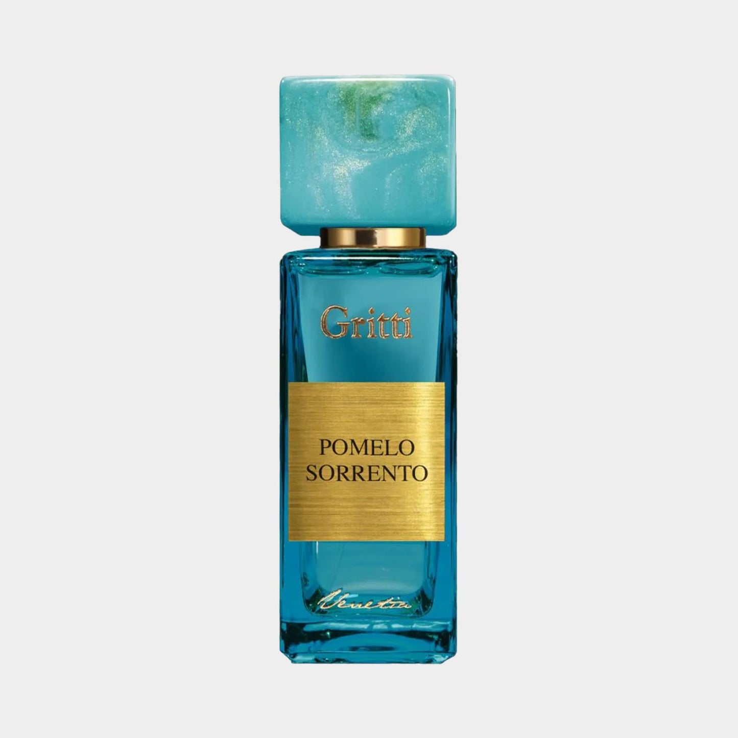 Alternatieve tekst: Gritti Pomelo Sorrento EDP monster in een eleganten glazen fles met een turquoise dop en gouden etiket. De geur belichaamt frisse citrusnoten, perfect voor een verkwikkende ervaring.