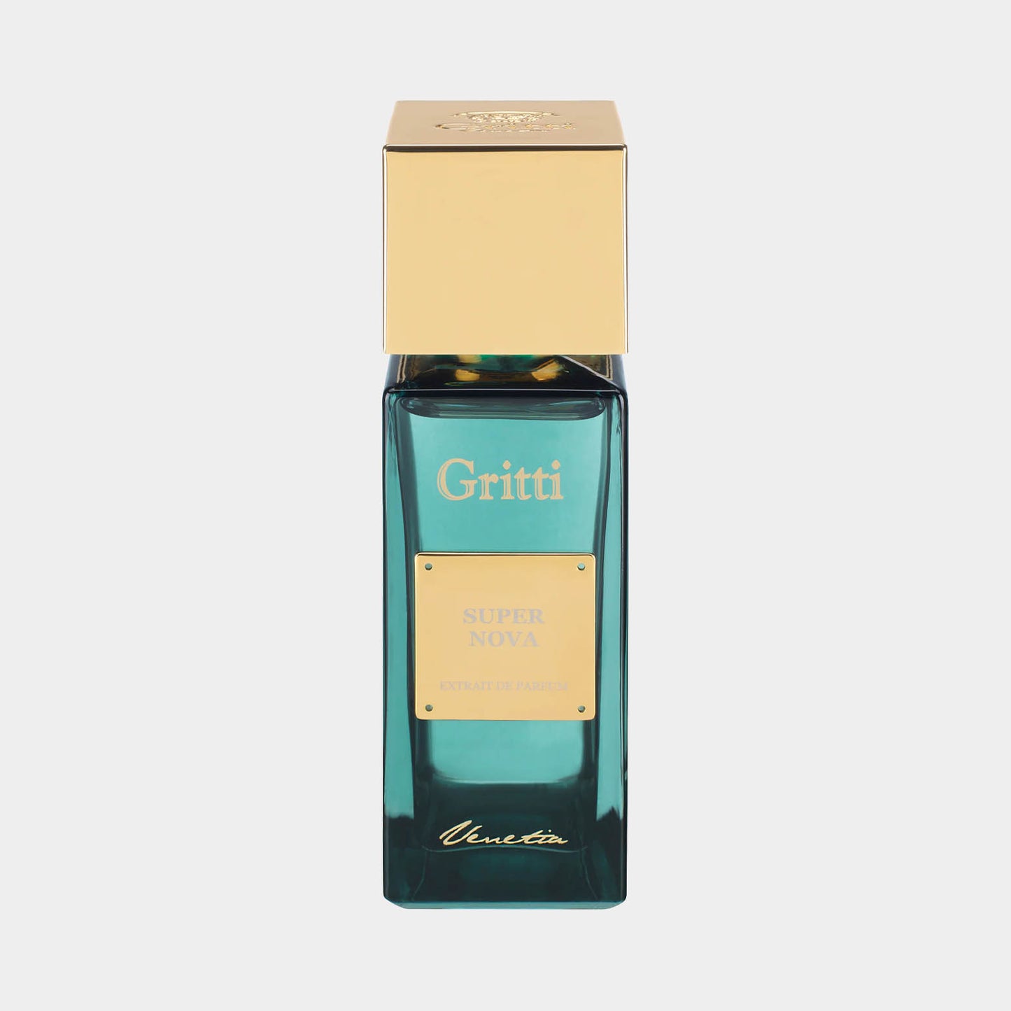 Gritti Super Nova EXDP Sample, een elegant parfum in een groene glazen fles met een gouden afsluitdop. Perfect voor degenen die willen kennismaken met deze unieke geur.