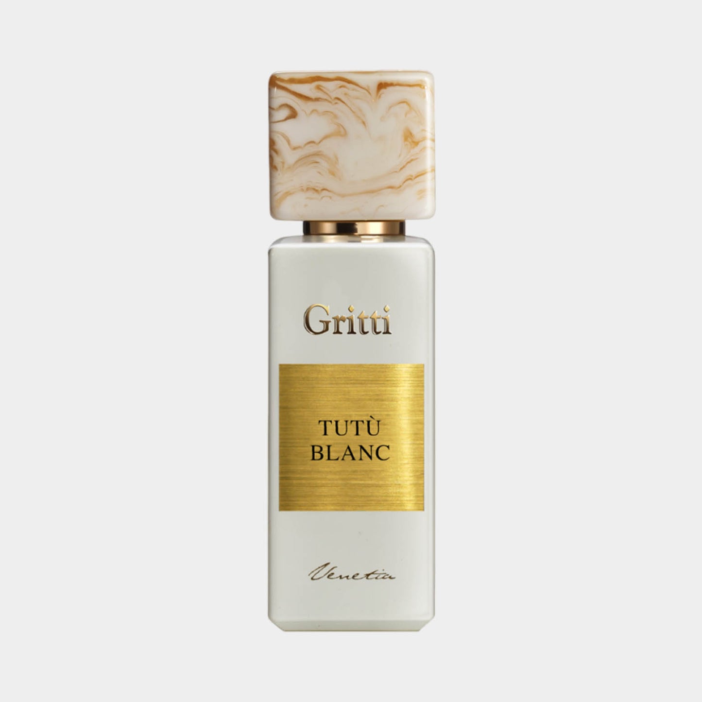 Gritti Tutù Blanc EDP Sample in een elegant en modern flesje met een marmeren dop en een gouden label, perfect voor een luxe geurervaring.