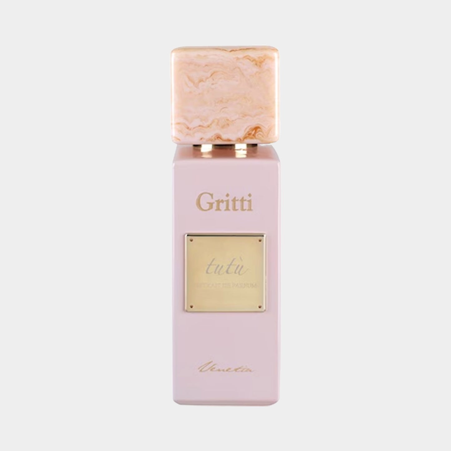Gritti Tutù Pink EXDP Sample is a verfijnde parfumfles met een zachte roze tint en een marmeren dop, perfect voor liefhebbers van luxe geuren.