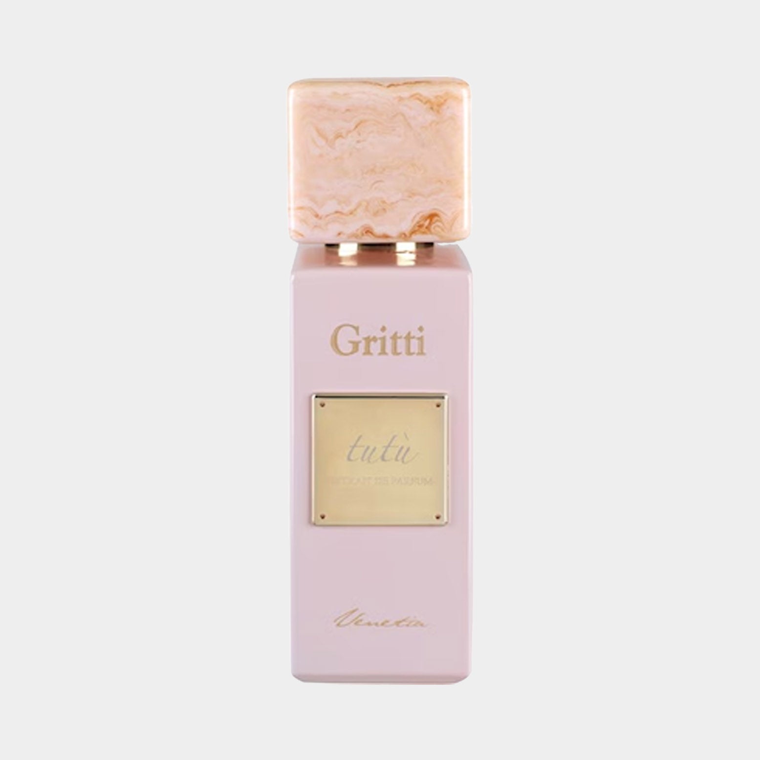 Gritti Tutù Pink EXDP Sample is a verfijnde parfumfles met een zachte roze tint en een marmeren dop, perfect voor liefhebbers van luxe geuren.