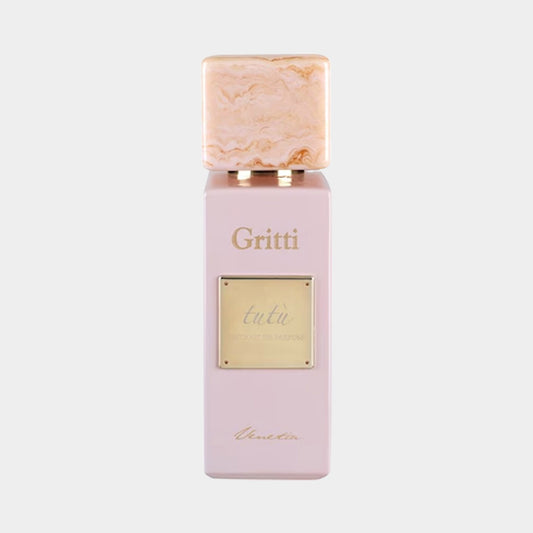 Gritti Tutù Pink EXDP Sample is a verfijnde parfumfles met een zachte roze tint en een marmeren dop, perfect voor liefhebbers van luxe geuren.