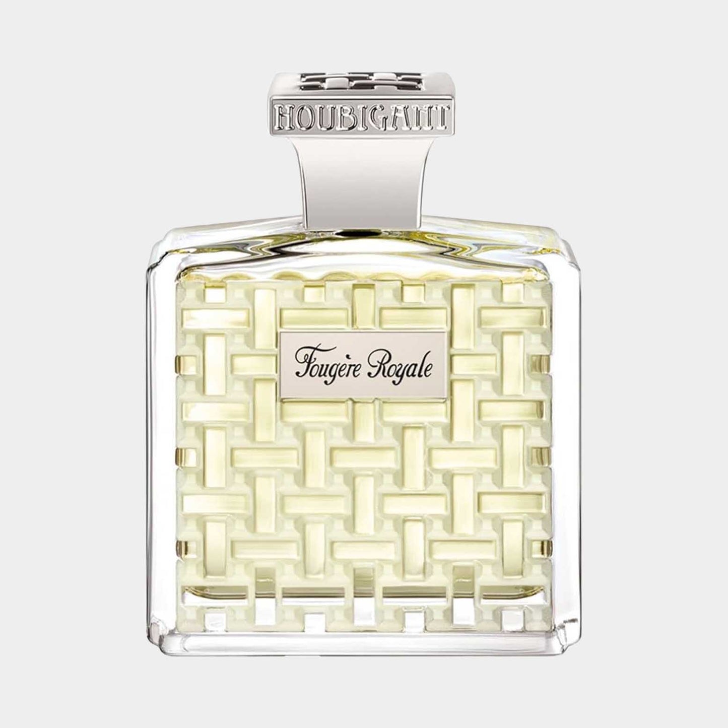 Houbigant Fougere Royale Sample, een elegant parfum in een glazen fles met een uniek verweven patroon, straalt luxe en verfijning uit.