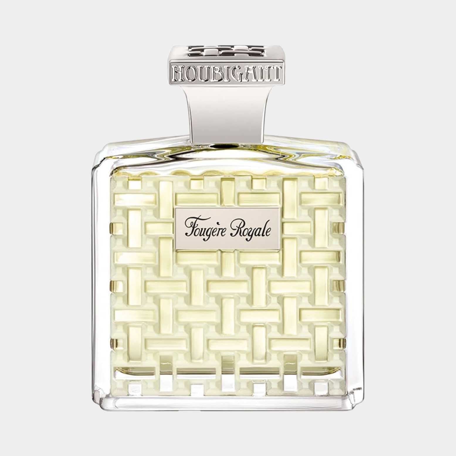 Volledige fles Houbigant Fougere Royale, met een elegant vierkant ontwerp en een opvallende, luxe dop. Het parfum heeft een frisse, aromatische geur die perfect voor dagelijks gebruik is.