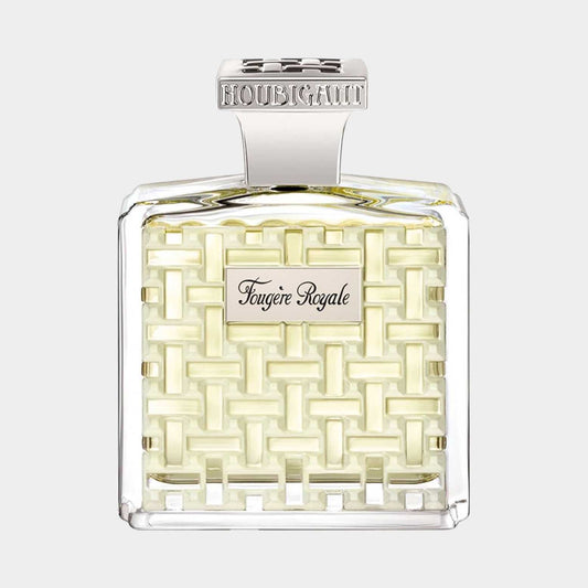 Volledige fles Houbigant Fougere Royale, met een elegant vierkant ontwerp en een opvallende, luxe dop. Het parfum heeft een frisse, aromatische geur die perfect voor dagelijks gebruik is.