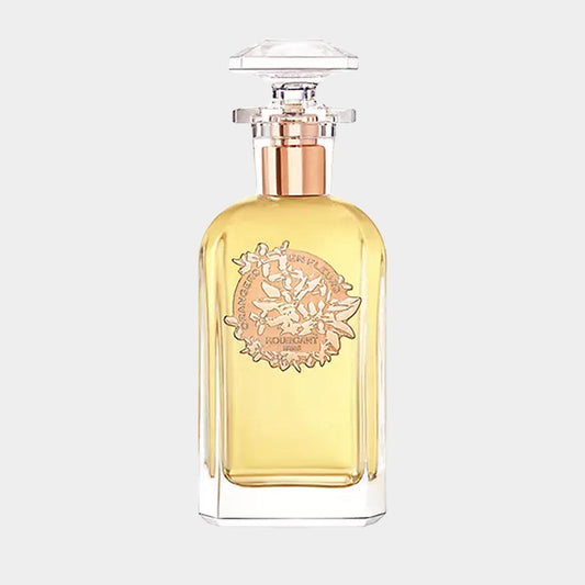 Een vol flesje Houbigant Orangers en Fleurs parfum, met een elegante glazen verpakking en een verzilverd etiket. De verfijnde geur is een harmonie van citrus en bloemige noten.