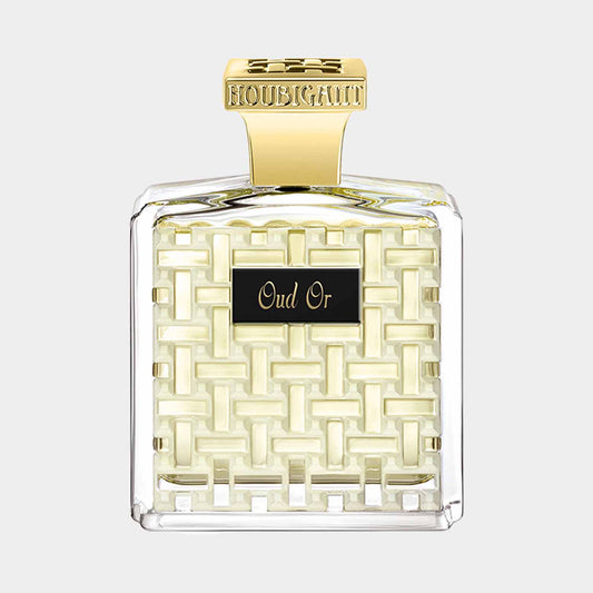 Een full bottle van Houbigant Oud Or, een elegant glazen parfumfles met een gouden dop en een unieke geweven design op de fles.