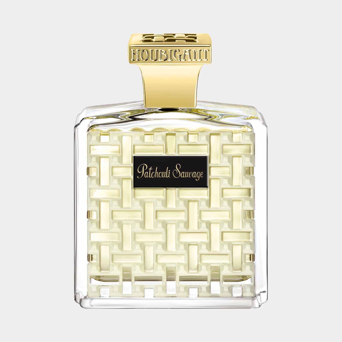 Houbigant Patchouli Sauvage Sample, een elegant geurmonster in een luxe flacon met een uniek geweven ontwerp en een gouden dop.