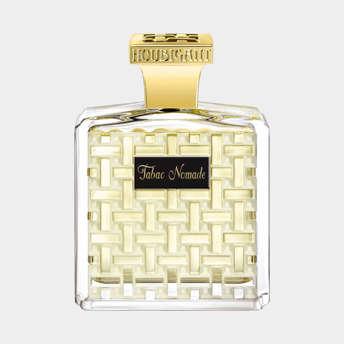 Houbigant Tabac Nomade, een elegante volle flacon met een unieke geweven structuur en gouden dop, perfect voor de liefhebber van verfijnde parfums.