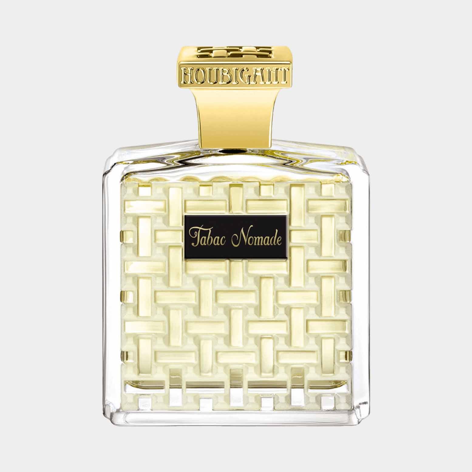 Houbigant Tabac Nomade, een elegante volle flacon met een unieke geweven structuur en gouden dop, perfect voor de liefhebber van verfijnde parfums.