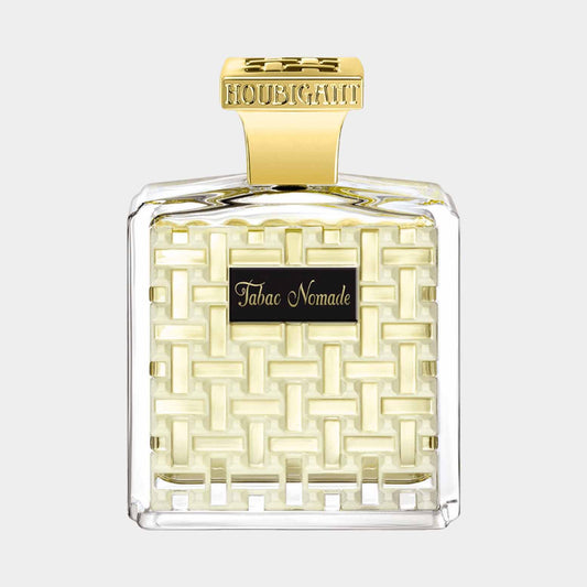 Houbigant Tabac Nomade, een elegante volle flacon met een unieke geweven structuur en gouden dop, perfect voor de liefhebber van verfijnde parfums.