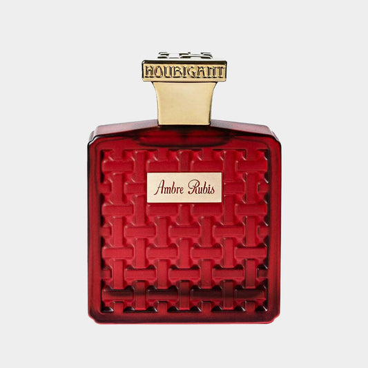 Houbigant Ambre Rubis sample, een luxe parfum in een opvallende rode fles met een geweven motief, afgewerkt met een gouden dop.