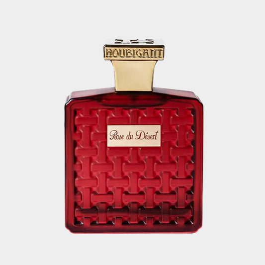 Houbigant Rose du Desert Sample in a luxe, dieprode geurflacon met een uniek geweven patroon en een gouden dop. Een elegante en verfijnde presentatie voor een bijzondere geur.