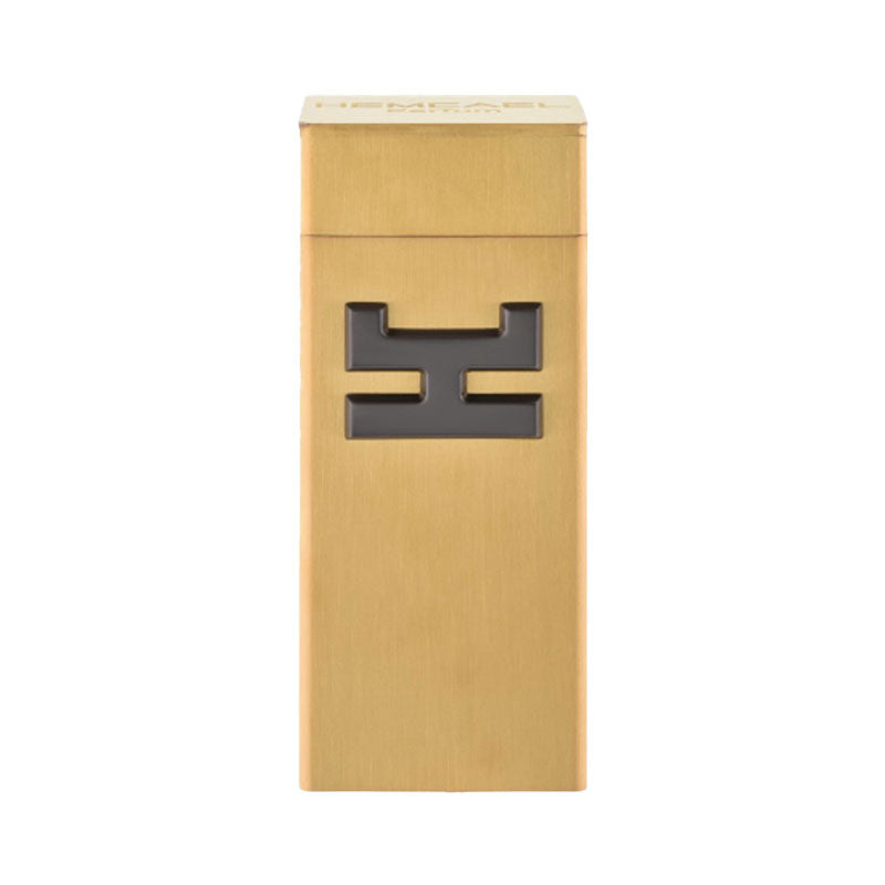 Hemcael Raris Full bottle in a sleek, gold metallic design with a distinctive black logo on the front.