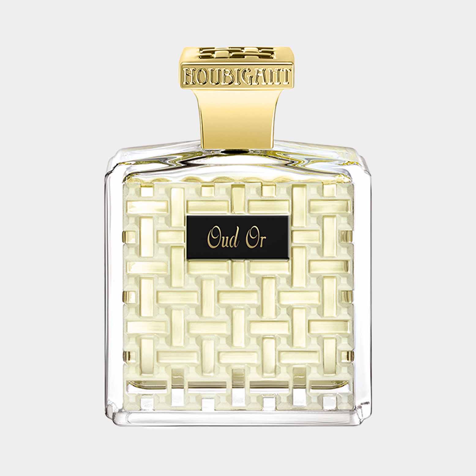 Houbigant Oud Or Sample in een elegant glazen fles met een gouden dop en een ingelegde weefpatroon. Deze geur vertegenwoordigt luxe en verfijning.