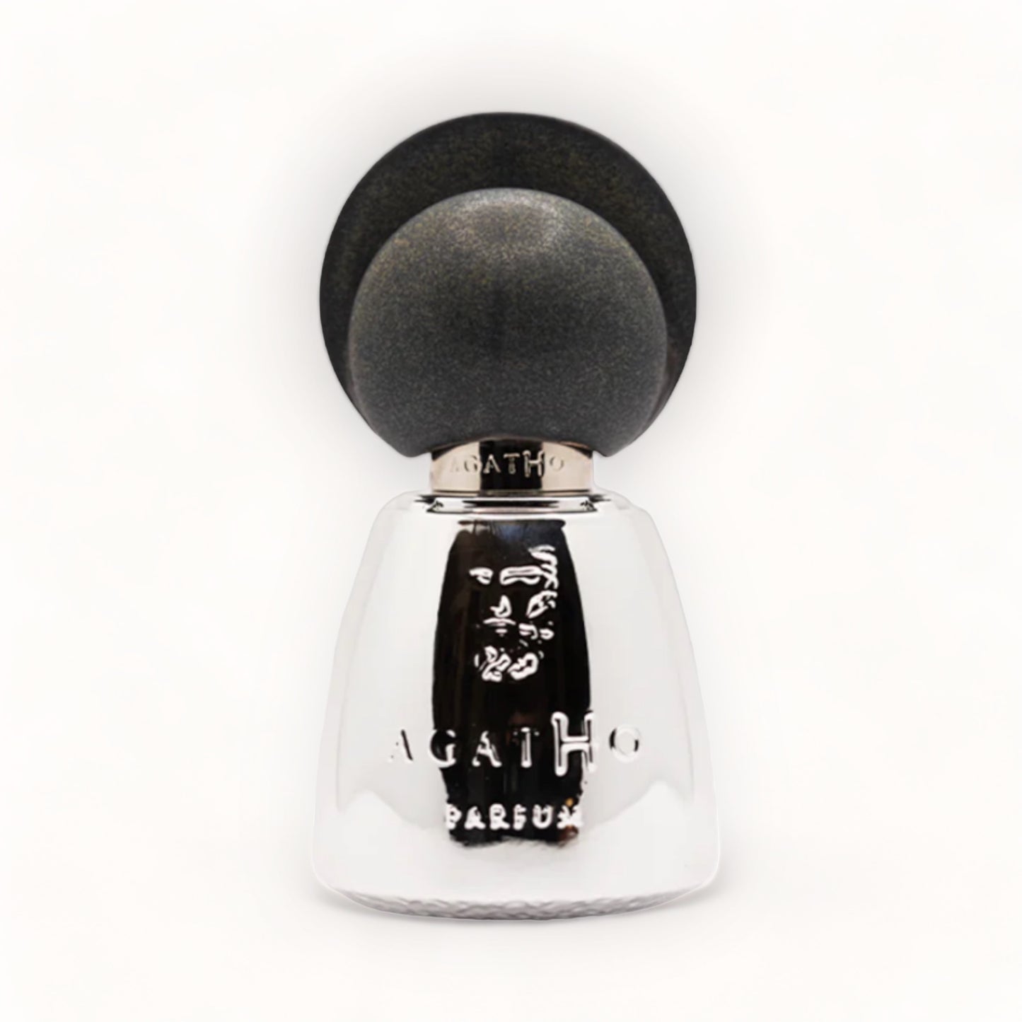 Agatho Parfum Giardinodiercole sample, een elegante parfumfles met een glanzende zilveren bodem en een stijlvolle zwarte dop.