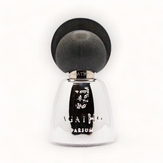 Agatho Parfum Giardinodiercole sample, een elegante parfumfles met een glanzende zilveren bodem en een stijlvolle zwarte dop.