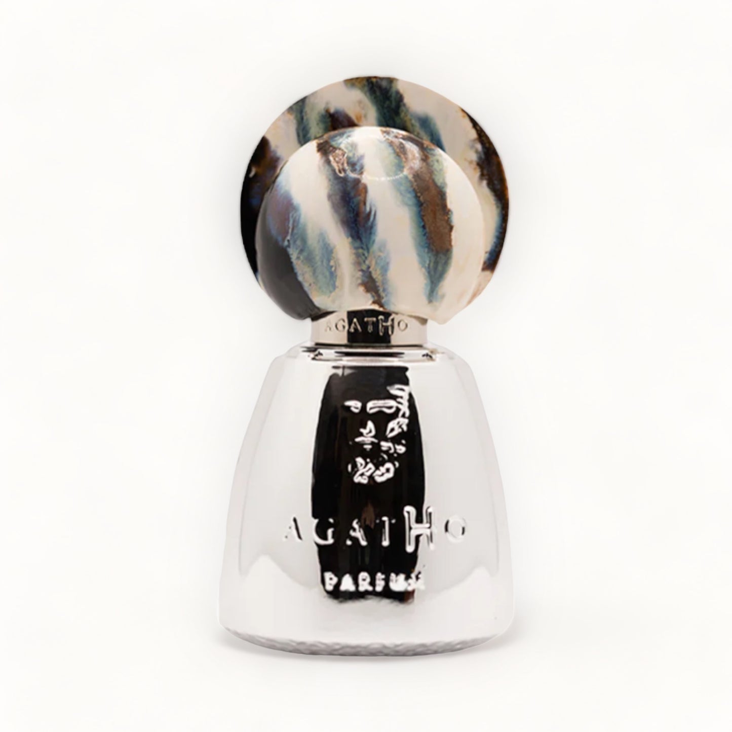 Agatho Parfum Fauno Sample, een elegante miniatuur parfumfles met een stijlvolle zilveren basis en een uniek, kunstzinnig dopontwerp.