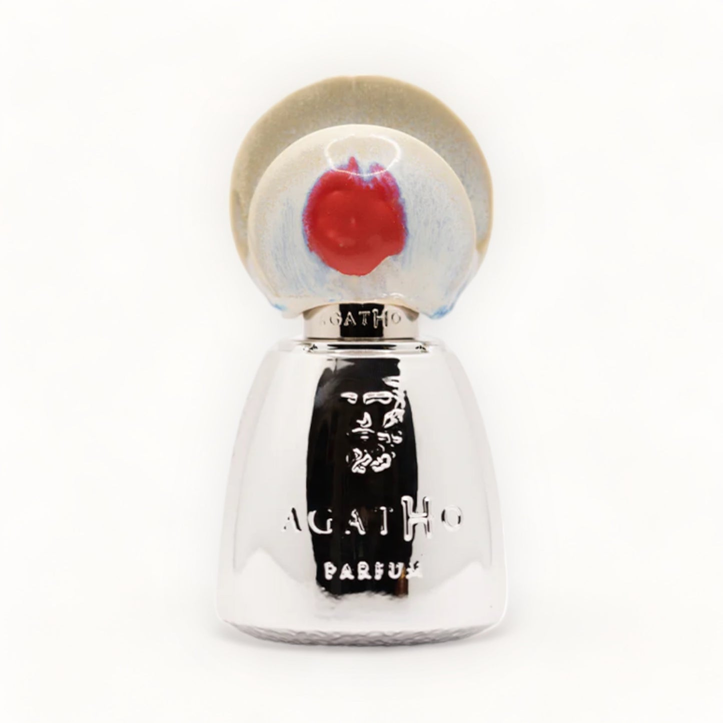 Agatho Parfum 195 A.C. sample met een glanzende, zilveren flacon en een unieke dop met een rode stip, perfect voor het ontdekken van een verfijnde geur.