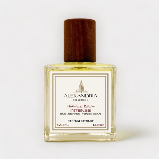 Volle fles van Alexandria Fragrances Hafez 1984 Intense, een parfumextract van 55 ml met tonen van oolong, koffie en tonkaboon.