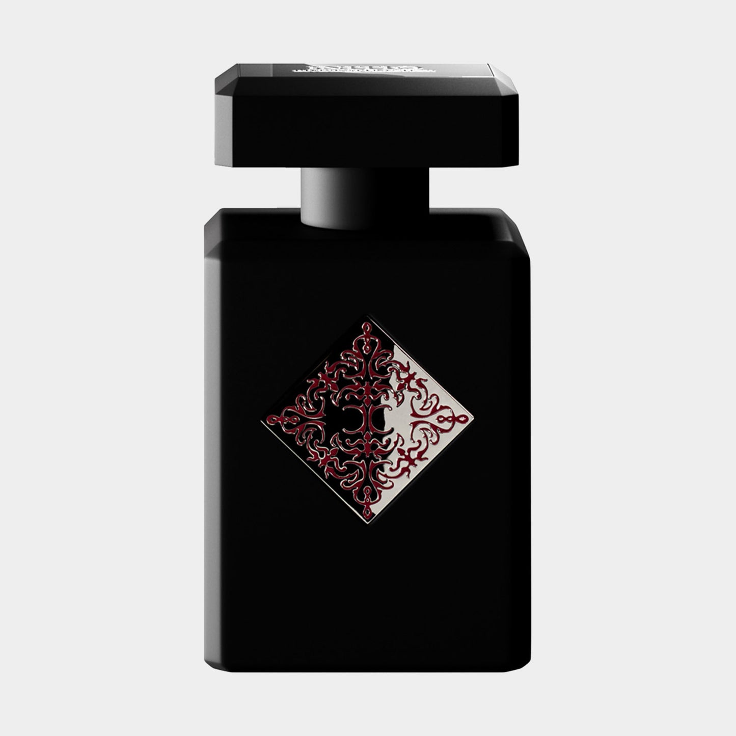 Initio Mystic Experience Sample, een elegant zwart flacon met een opvallend decoratief label. Dit parfum belooft een mysterieuze geurbeleving.