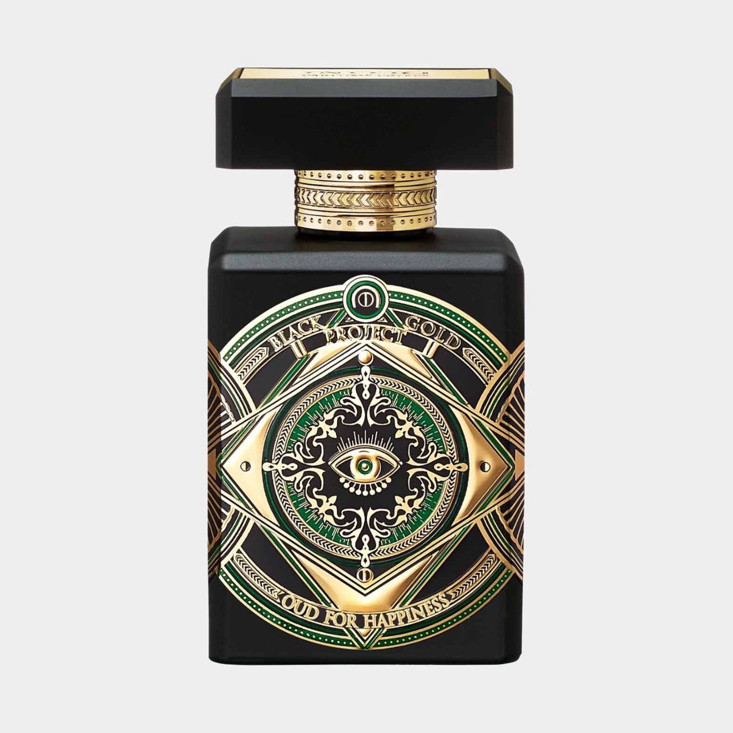 Initio Oud for Happiness Sample, een luxueuze parfumfles met een zwart en gouden ontwerp, versierd met een oog symbool en intricate details.
