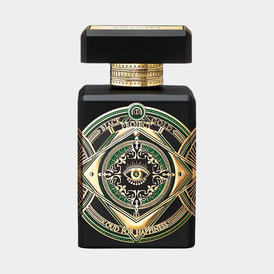 Initio Oud for Happiness Sample, een luxueuze parfumfles met een zwart en gouden ontwerp, versierd met een oog symbool en intricate details.