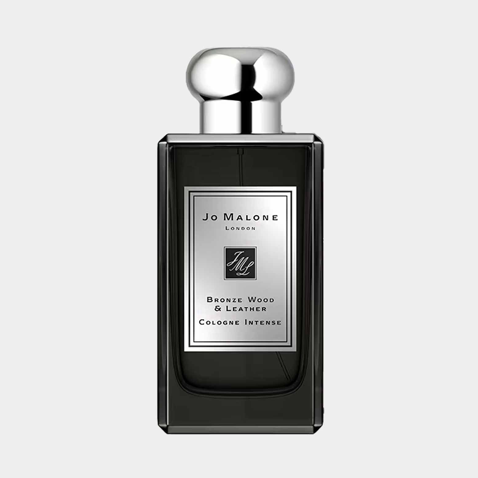 Fles van Jo Malone London Bronze Wood & Leather, een cologne intense met een elegante, donkere uitstraling en een luxe, metalen dop.