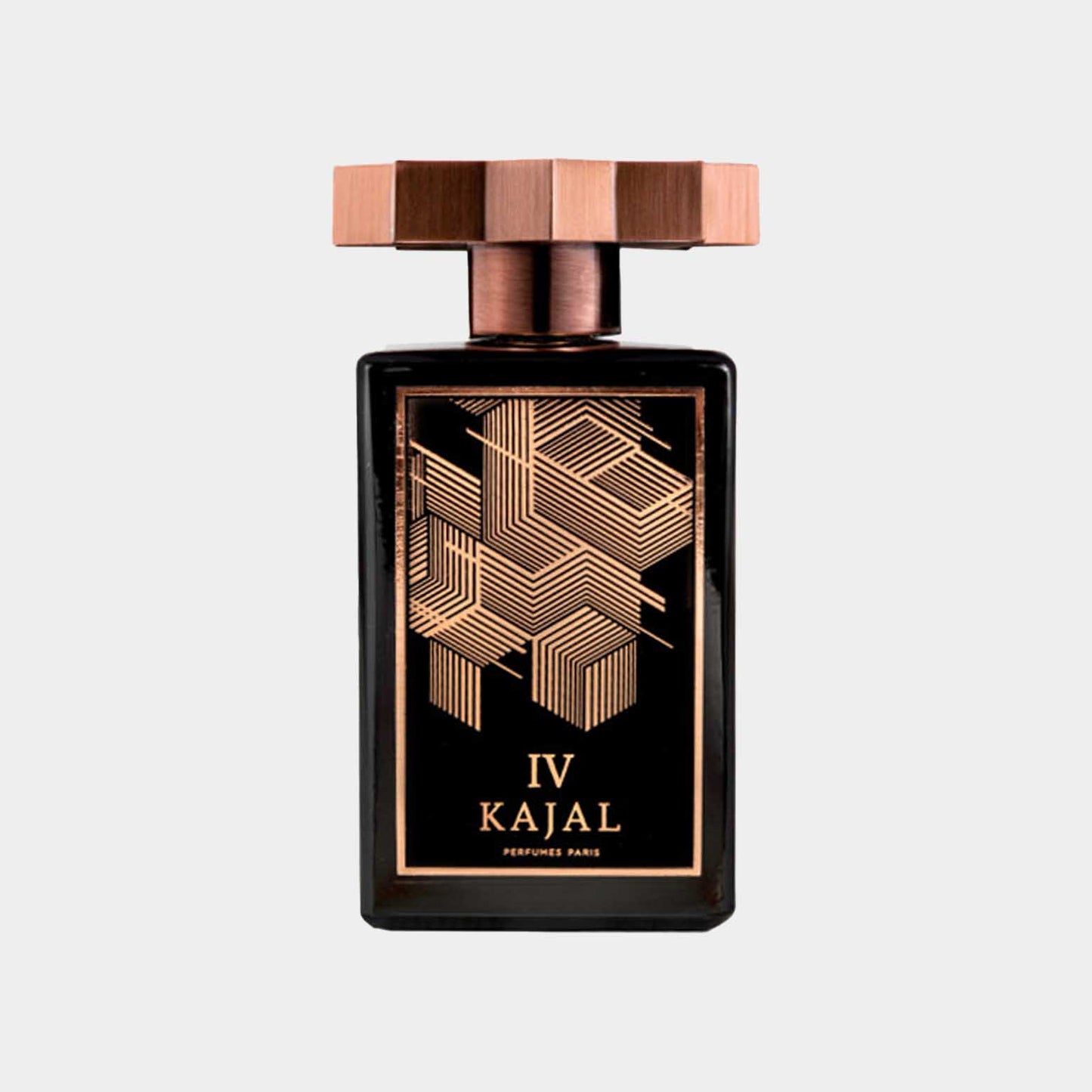 Dit is een afbeelding van de Kajal IV Sample, een elegante parfumfles met een zwart-gouden ontwerp en een unieke geometrische dop. Het product is afkomstig uit Parijs en straalt luxe uit.