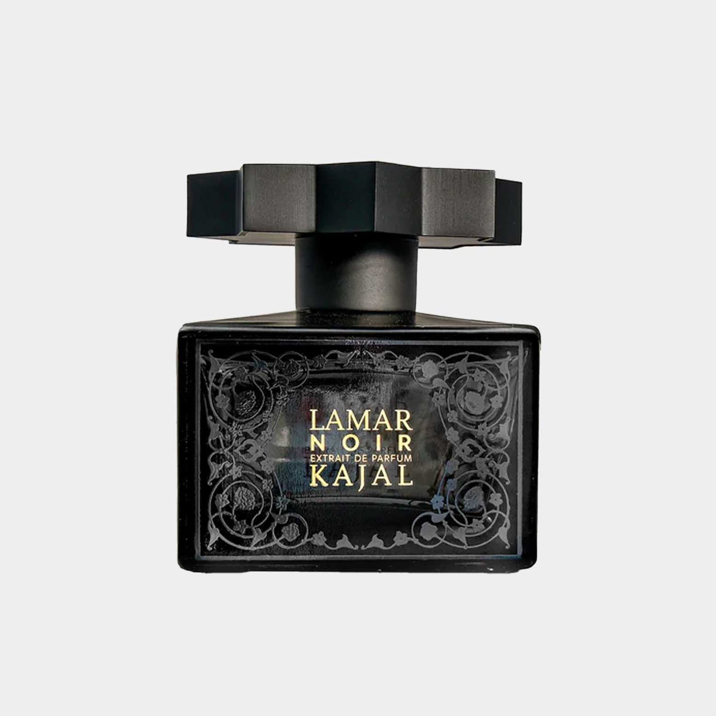 Kajal Lamar Noir Sample, een stijlvolle glazen parfumflacon met een zwarte dop en decoratieve details, verpakking met Lamar Noir Extrait de Parfum erop.