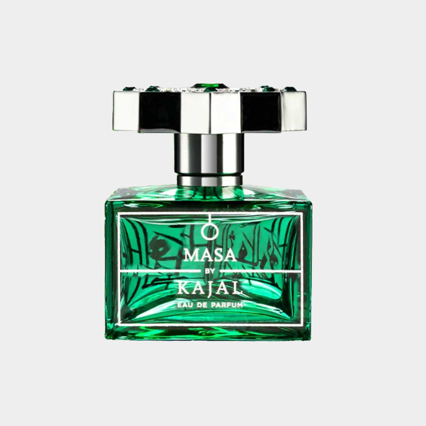 Kajal Masa Sample - een luxueuze eau de parfum in een elegant, groen flacon met een opvallende dop.