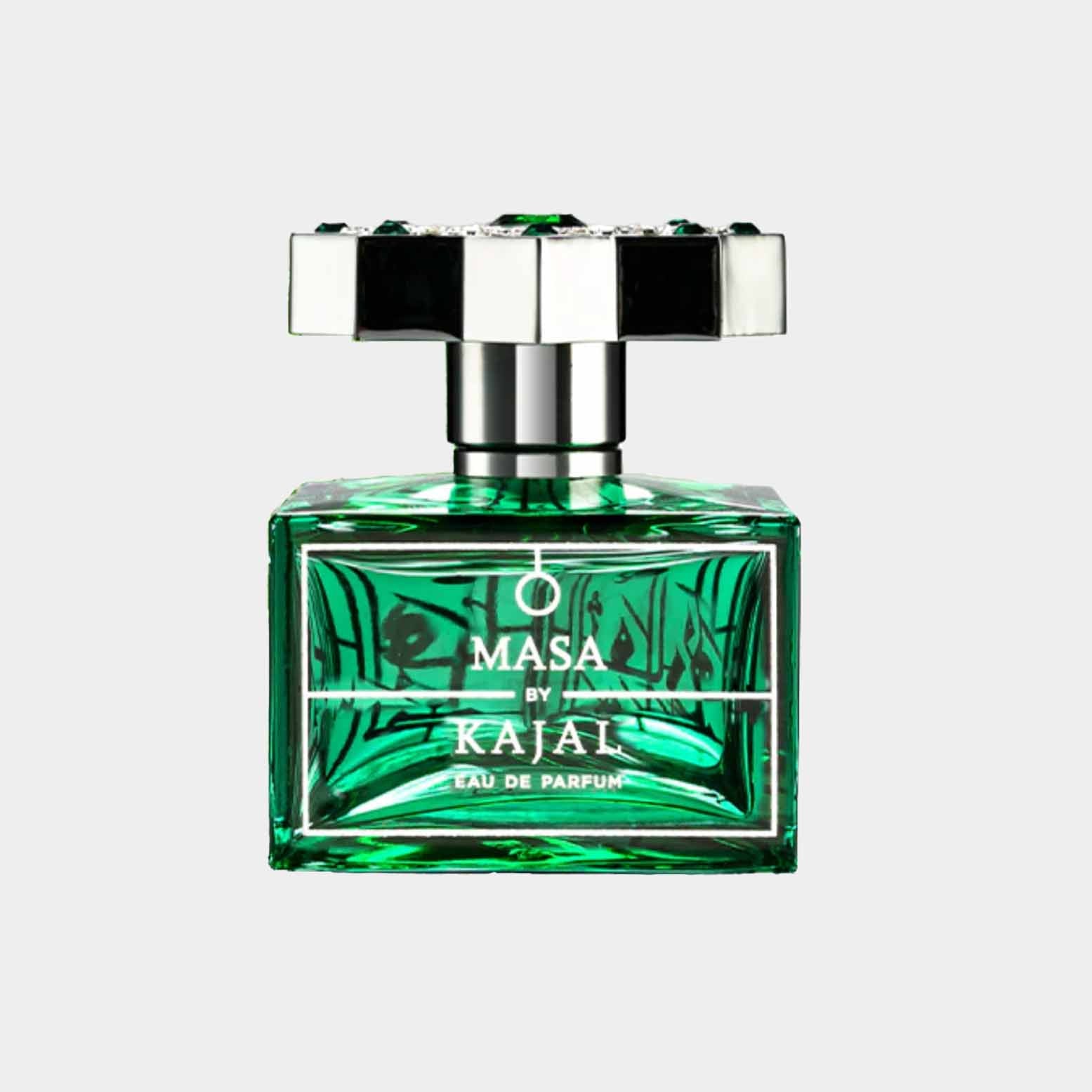 Kajal Masa volle fles met een verfijnde groene glazen flacon en een elegante dop, vertegenwoordigt een luxe eau de parfum.