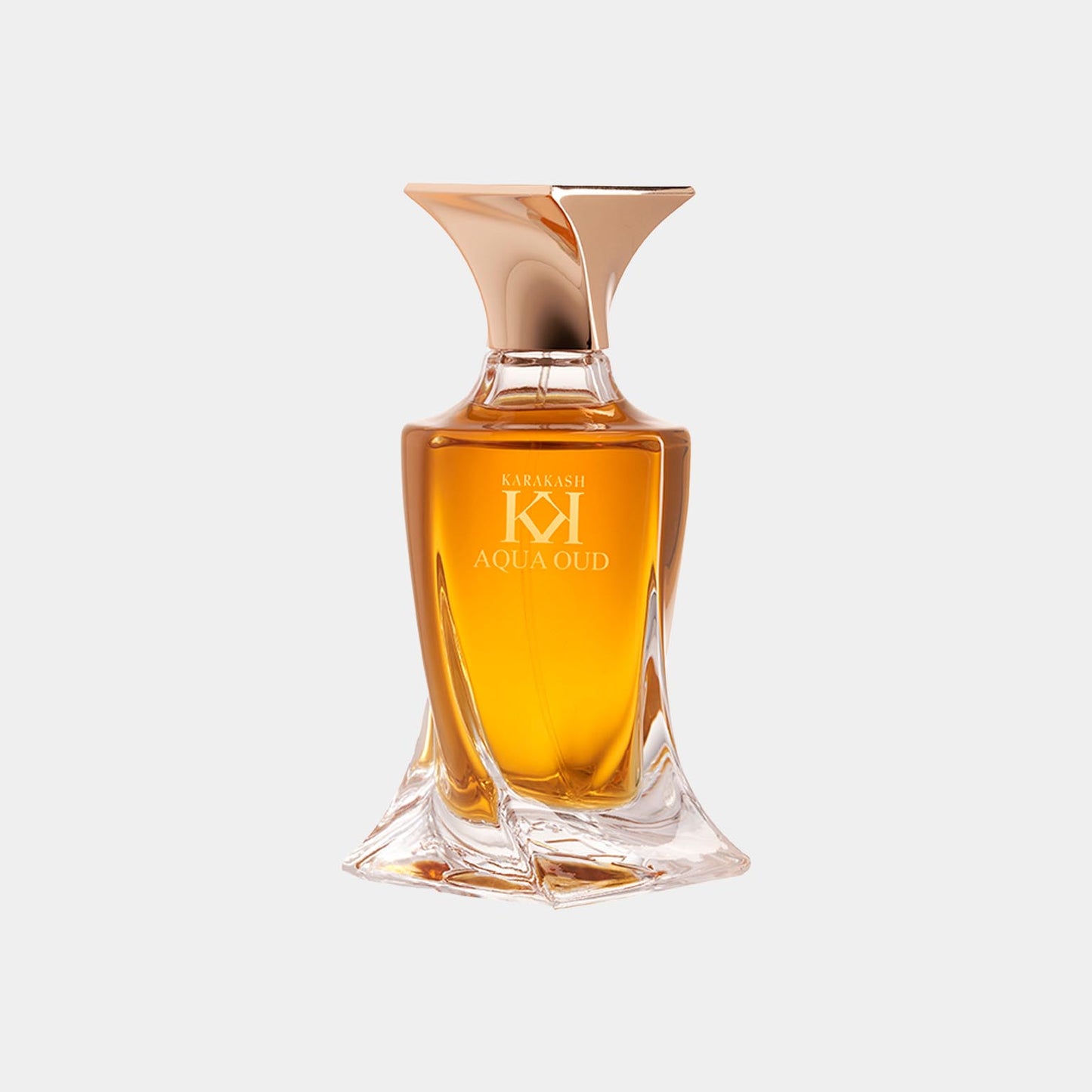 Karakash Aqua Oud Sample in an elegant, uniquely sculpted glass bottle, featuring an amber fragrance that embodies a fusion of aquatic and oud notes.