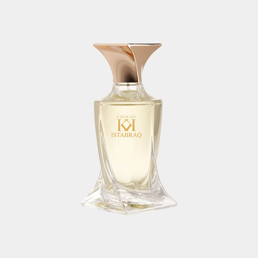 Karakash Instabraq Sample, een eleganter parfum in een stijlvolle flacon met een gouden accent en een unieke vorm.
