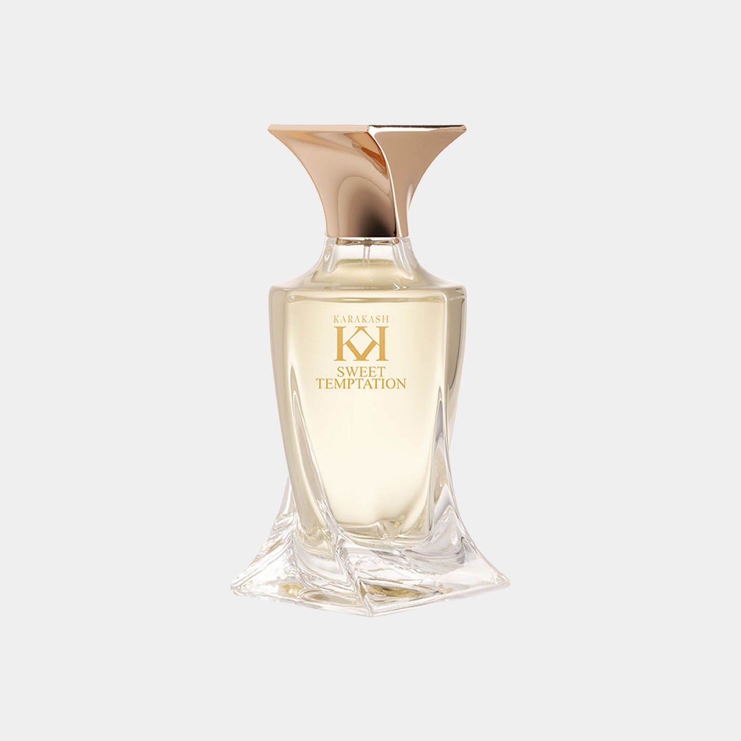 Karakash Sweet Temptation Sample, een elegant parfum in een stijlvolle fles met een gouden dop, perfect voor een verfijnde geurervaring.