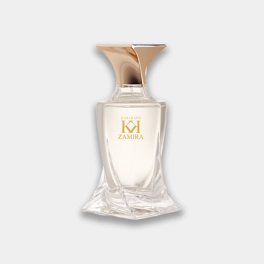 Karakash Zamira Sample, een elegant glazen parfumflacon met een gouden dop en een stijlvolle, organische vorm.