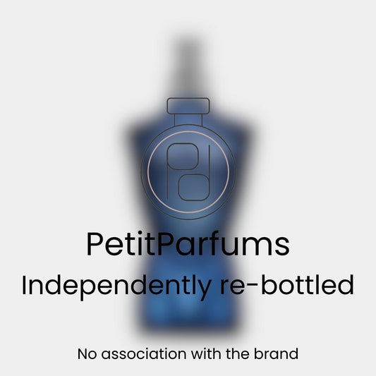 Ultra Male EDT Sample, een elegant parfum in een iconische flacon met een blauwe tint, opnieuw gebotteld door PetitParfums zonder associatie met het merk.
