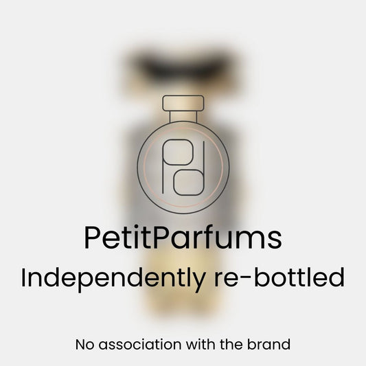 Fame Sample van PetitParfums, onafhankelijk opnieuw verpakt met een label dat aangeeft dat er geen associatie is met het merk.